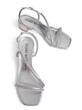 Stuart Weitzman Soirée Crystal Silver Strappy Low Block Heels